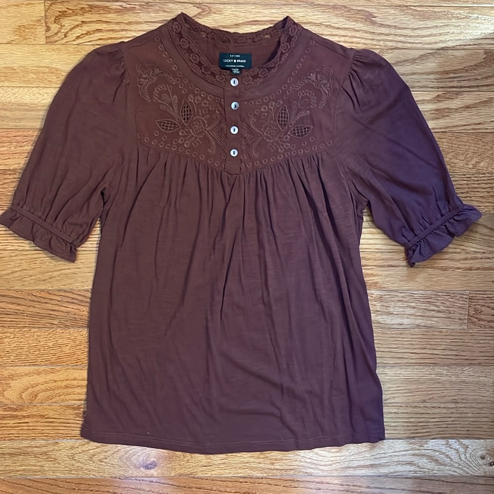 Lucky Brand brown embroidered top